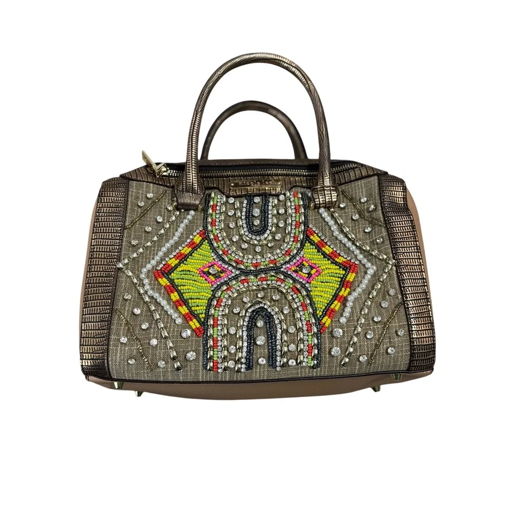 Nicole Lee Beaded Crystal Satchel Bag Metallic Bronze Tan Geometric Boho Handbag